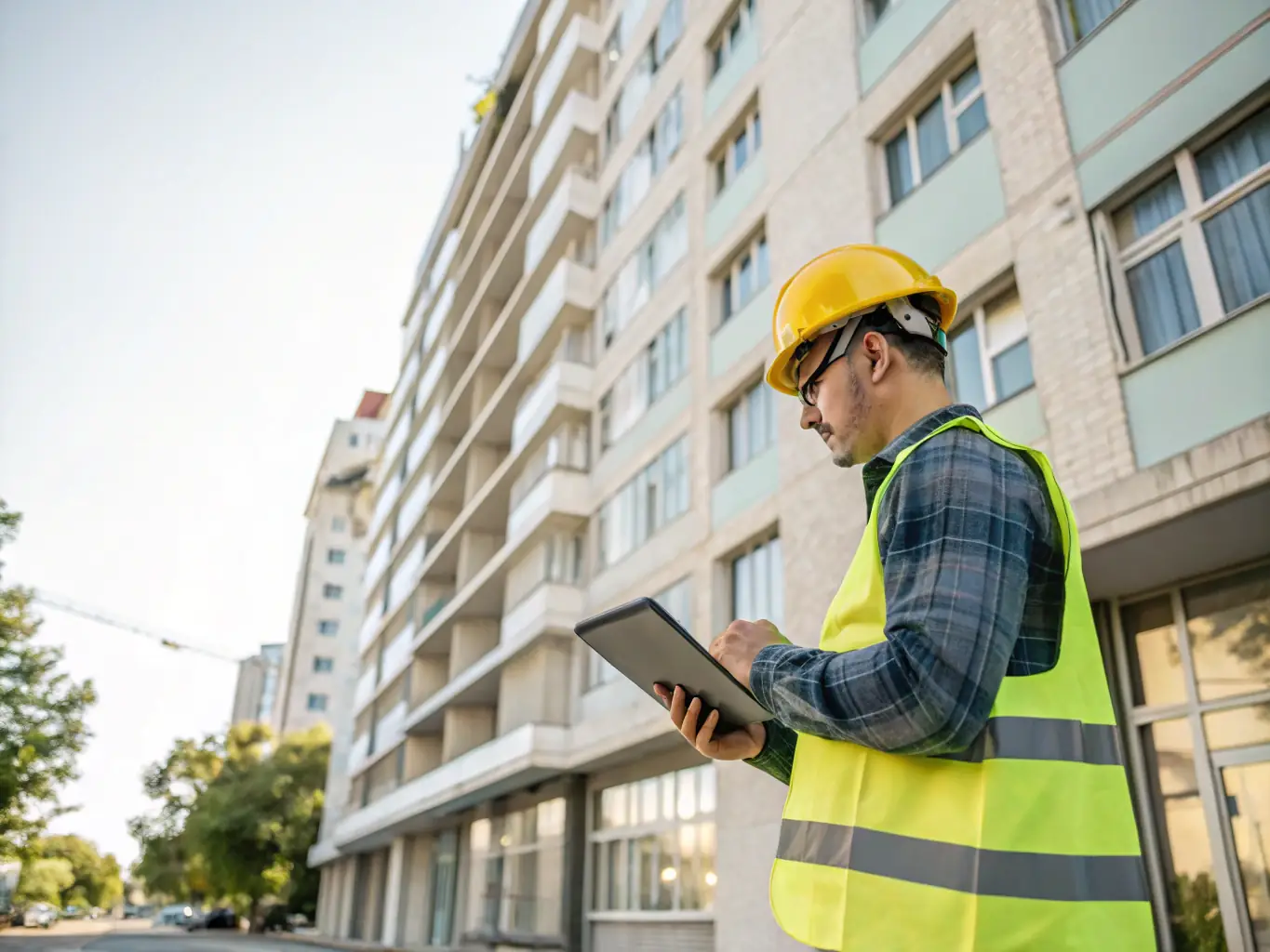 An engineer inspecting a home's roof with a tablet, checking for optimal solar panel placement and structural integrity.