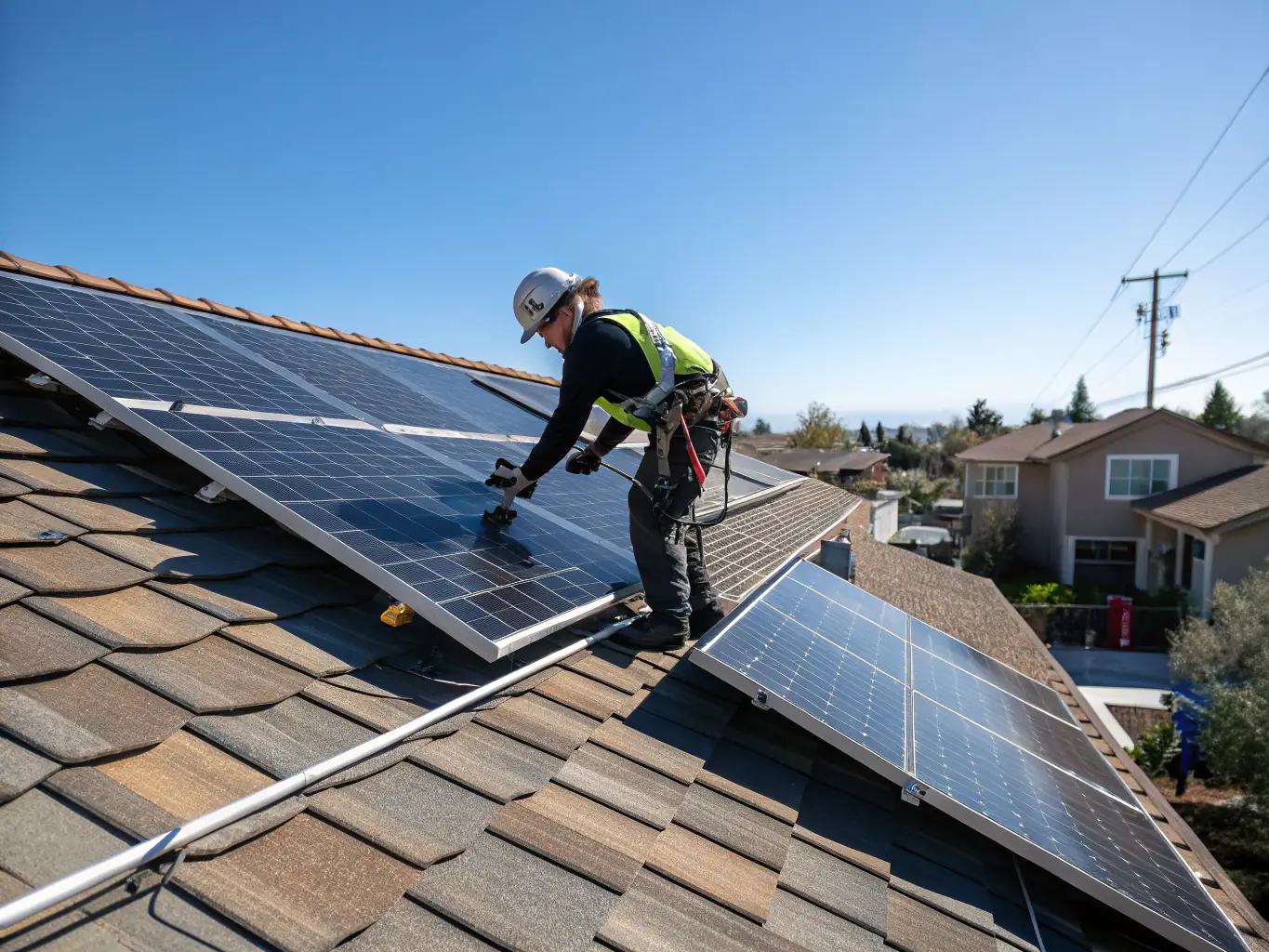Professional installers mounting solar panels on a residential rooftop, showcasing the clean and efficient installation process.