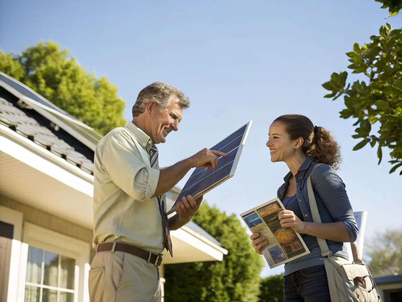 A friendly Peak Solar consultant shakes hands with a new client in front of a house with newly installed solar panels, symbolizing the start of their solar journey.