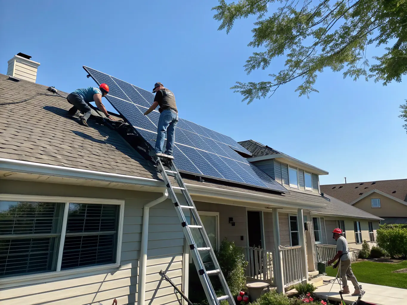 A team of Peak Solar installers is mounting solar panels on a residential roof, showcasing the professional installation process.