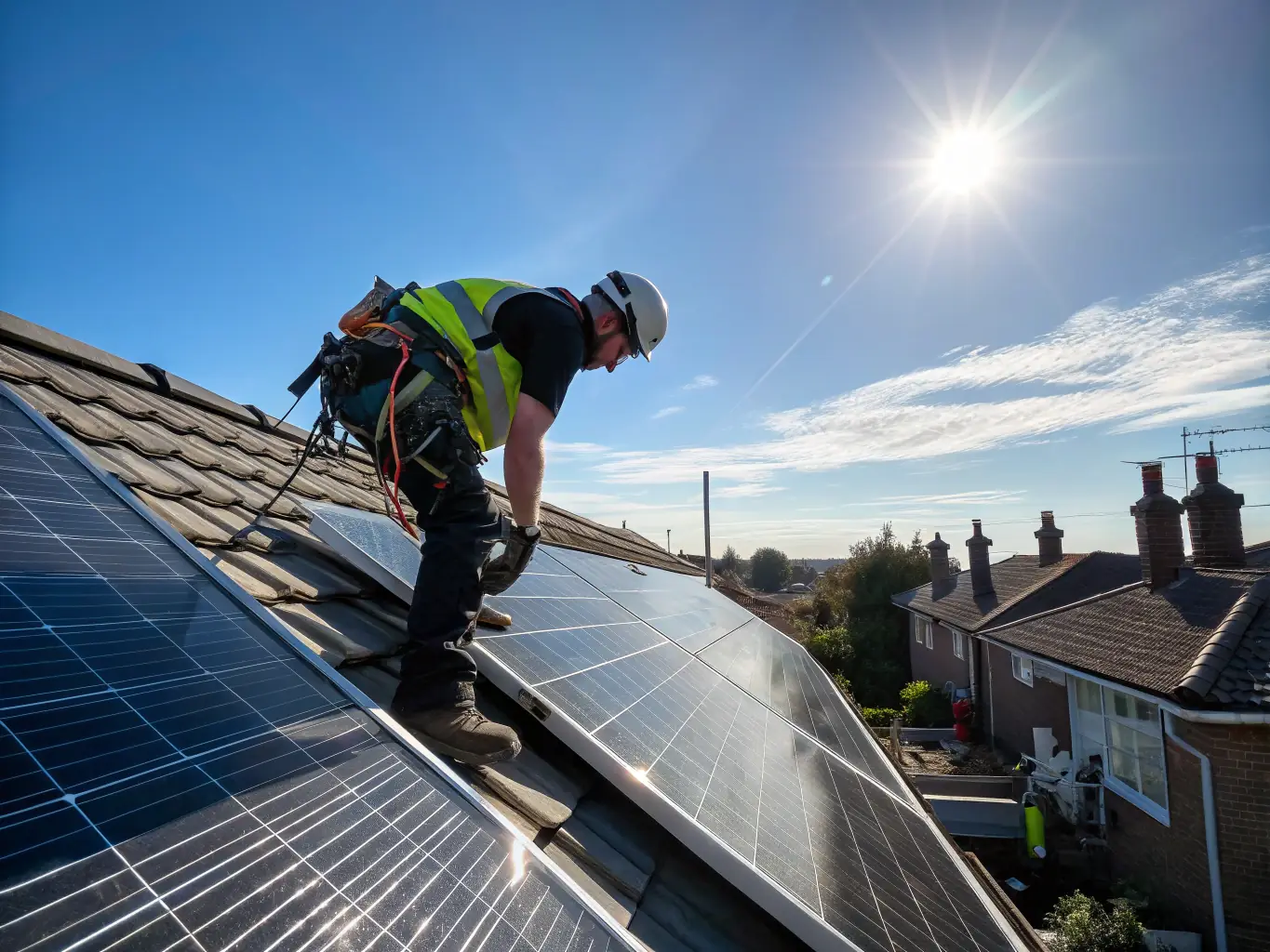 An engineer is inspecting solar panels on a rooftop, ensuring optimal placement and efficiency for the solar energy system.